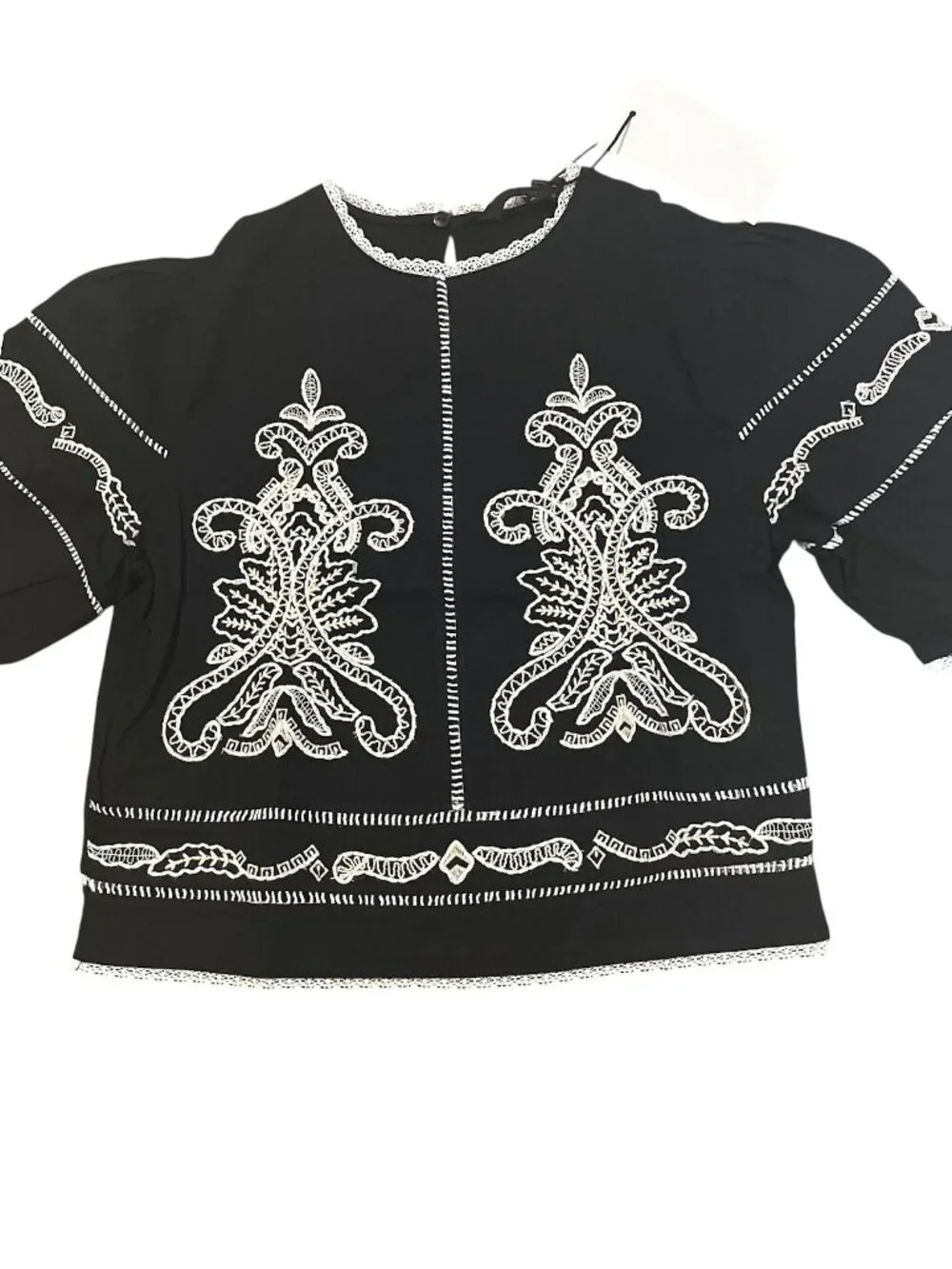 ZARA ZW Collection Embroidered Cotton Blouse NWT Small Black Contrast Summer
